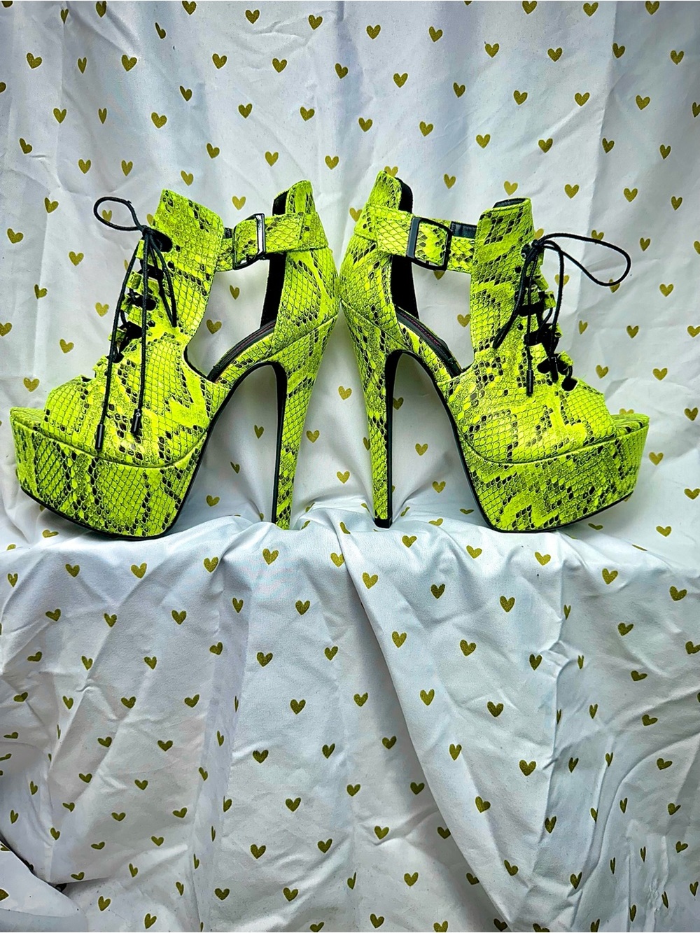 Dollhouse Neon Lime Snake-Print Lace-Up Platform Heels